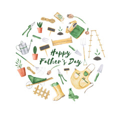Fototapeta na wymiar Happy Father's Day greeting card for a gardener father. Garden tools in a round shape. Watercolor gardening tools with the sign 