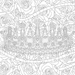 Queen crown with jewelry and treasure. Coloring book page for adult for anti stress with doodle and zentangle elements. Vector royal tiara on roses background.