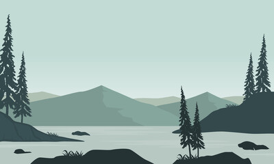 Beautiful views of the mountains in the morning from the riverside with the silhouette of pine trees around it. Vector illustration