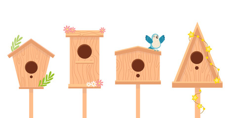 Set of wooden birdhouses vector clip art. Isolated illustration of home for birds in flat style.
