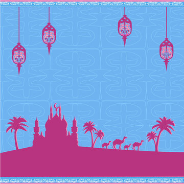 Ramadan Kareem background with mosque silhouettes