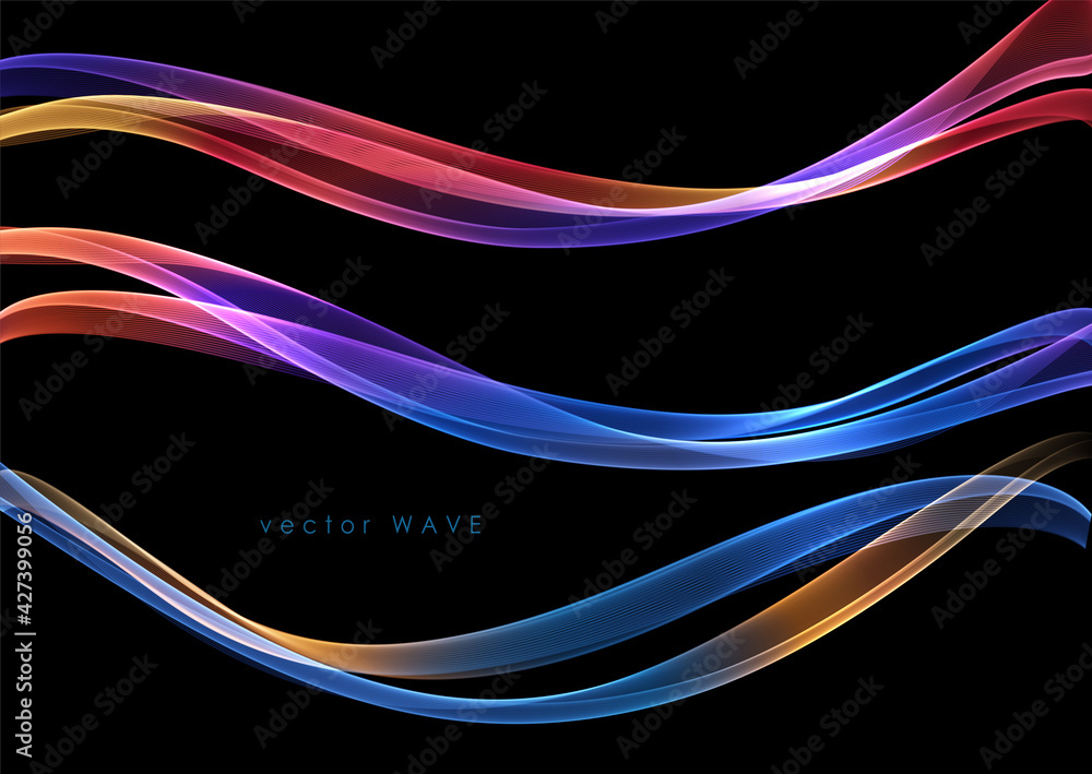Fototapete Vector abstract colorful flowing wave lines isolated on black background. Design element for technology, science, music or modern concept.
