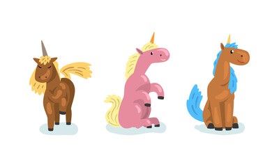 Obraz na płótnie Canvas Unicorns Set, Beautiful Magic Fairytale Animal Cartoon Vector Illustration
