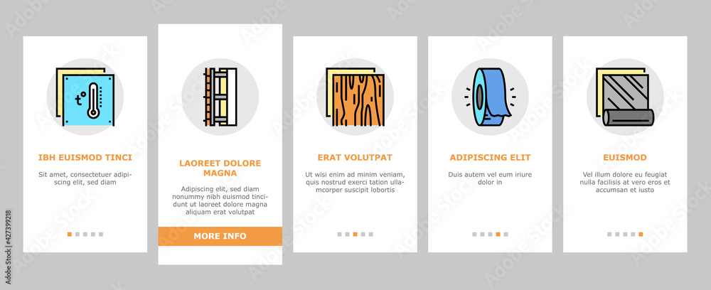 Poster insulation building onboarding mobile app page screen vector. insulation roll material and wooden pl