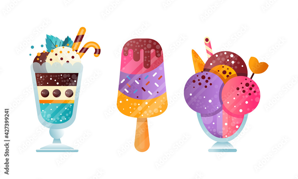 Sticker Set of Colorful Ice Creams, Sweet Tasty Desserts Cartoon Vector Illustration