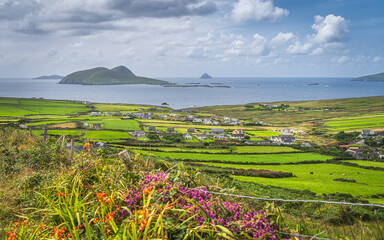 Dunquin village on the edge of Atlantic Ocean with surrounding fields, farms and small islands, Dingle Peninsula, Wild Atlantic Way, Kerry, Ireland © Dawid