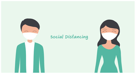 Social distancing concept, people wearing face mask and keep distancing vector illustration. Covid-19 prevention 