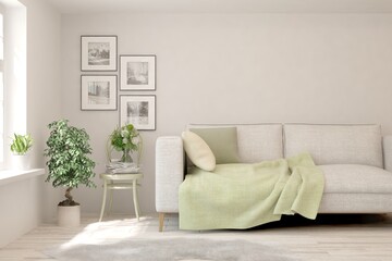 Soft color living room with sofa. Scandinavian interior design. 3D illustration