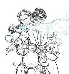 Couple in love smiling on the motorcycle with blue smoke 