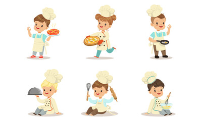Cute Kids Chefs Set, Adorable Little Children in Uniform Cooking and Baking in the Kitchen Cartoon Vector Illustration