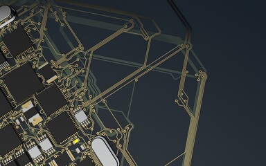 processor chip on a printed circuit board in red backlight. 3d illustration on the topic of technology and the power of artificial intelligence.