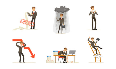 Stressed Businessman Character Set, Financial Problems, Unpaid Loan Debt, Bankruptcy and Crisis Cartoon Vector Illustration