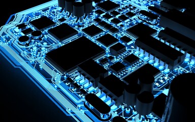 processor chip on a printed circuit board in red backlight. 3d illustration on the topic of technology and the power of artificial intelligence.