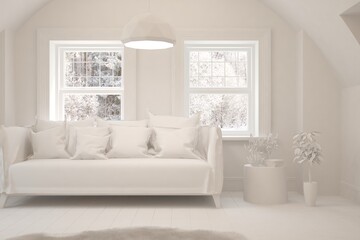 Mock up of stylish room in white color with sofa and winter landscape in window. Scandinavian interior design. 3D illustration