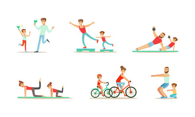 Parents and their Kids Doing Sports Together Set, Families Playing Table Tennis, Riding Bicycles and Squatting Cartoon Vector Illustration