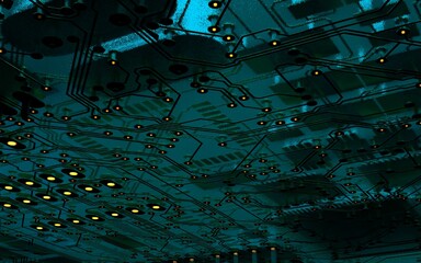 processor chip on a printed circuit board in red backlight. 3d illustration on the topic of technology and the power of artificial intelligence.