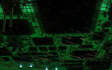 processor chip on a printed circuit board in red backlight. 3d illustration on the topic of technology and the power of artificial intelligence.