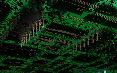 processor chip on a printed circuit board in red backlight. 3d illustration on the topic of technology and the power of artificial intelligence.