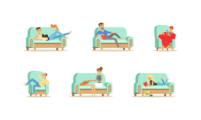 People Doing Different Activities while Sitting on Sofas Set, Young Men and Women Relaxing, Reading, Eating, Watching TV Cartoon Vector Illustration