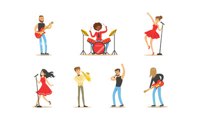 Fototapeta na wymiar Set of Musicians and Singers, Young Men and Women Playing Musical Instruments and Singing Cartoon Vector Illustration