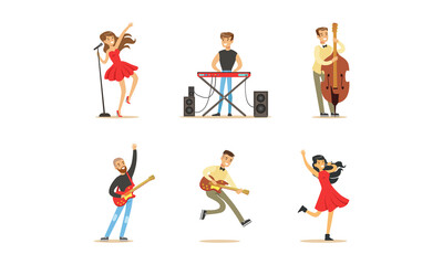 Fototapeta na wymiar Set of Musicians and Singers, Young Men and Women Playing Classical and Modern Musical Instruments and Singing Cartoon Vector Illustration