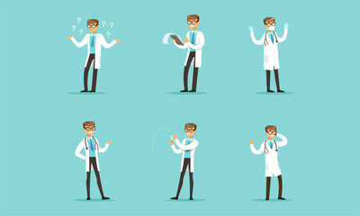Male Medical Doctor Activity Set, Cheerful Doctor Physician Character in White Coat Vector Illustration