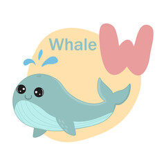 Animals alphabet. Cute whale isolated on white background. Vector illustration for teaching children learning a foreign language. Letter w