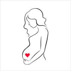 Silhouette of a young pregnant woman with long hair with a heart in her belly on a white background.