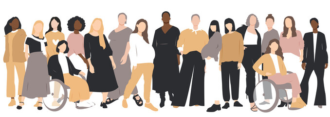 Women of different ethnicities stand side by side together. Flat vector illustration.