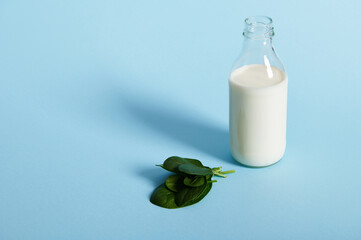 High angle view of a bottle with milk and spinach leaves on blue background - Powered by Adobe