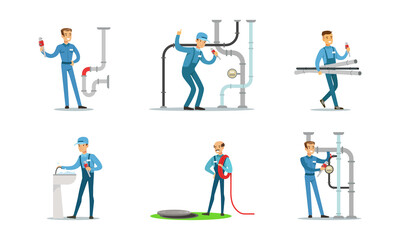 Obraz na płótnie Canvas Professional Plumbers, Handymen in Blue Uniform Repairing Pipes with Tools, Repair Service and Maintenance Cartoon Vector Illustration