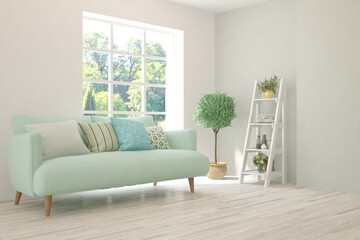 White living room with sofa and summer landscape in window. Scandinavian interior design. 3D illustration