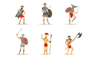 Ancient Greek and Roman Warriors Set, Spartan Soldiers in Armor Cartoon Vector Illustration
