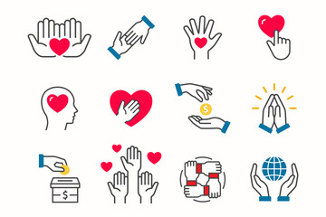 Charity icon set. Collection of donate, solidarity, hope and more. Vector illustration.