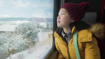 lifestyle portrait of young happy and beautiful Asian Chinese woman in yellow jacket and hat looking through train window traveling during winter holiday © TheVisualsYouNeed