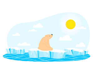 Bear sitting sea, iceberg animal, arctic white polar animal, ocean ice, global warming, design, cartoon style vector illustration.