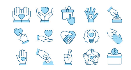 Charity icon set. Collection of donate, trust, humanitarian, hope and more. Vector illustration. Editable stroke.