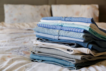 Stack of colorful perfectly folded clothing items on the bed at home. Pile of different pastel color shirts and t-shirts isolated on pale pink background. Close up, copy space.