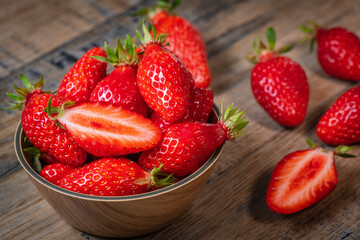 Ripe red strawberries on wooden table, High quality photo