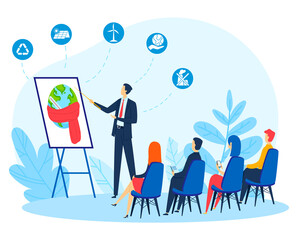 Conference presentation people counting nature, planet eco pollution problem, audience, design, flat style vector illustration.