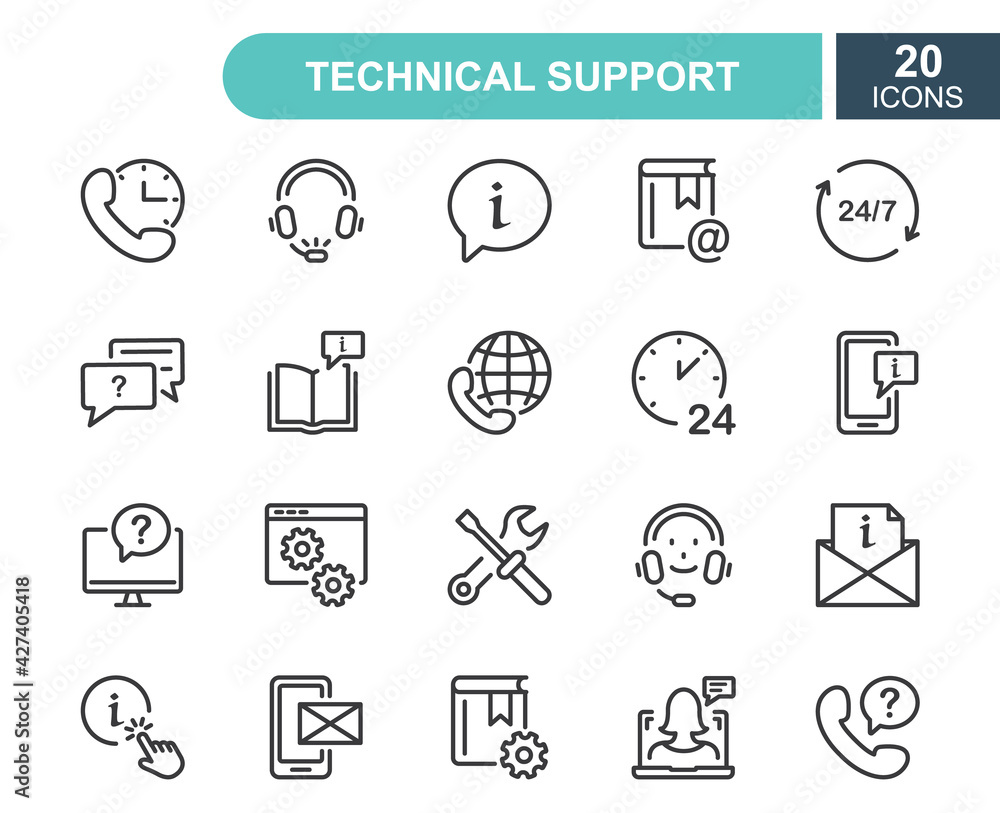 Poster set of help and support line icons. phone assistant, online help, video chat and faq line icons. int
