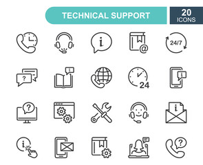 Set of Help and Support line icons. Phone Assistant, Online Help, Video Chat and Faq line icons. Internet Support and Contact service. Round Clock Call Center. Editable Stroke. Vector Illustration