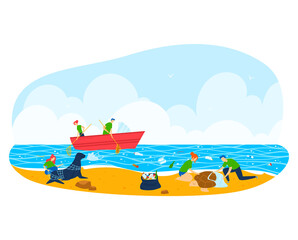 Beach cleaning river, nature pollution garbage, bottle plastic collection cleaning, design, cartoon style vector illustration.