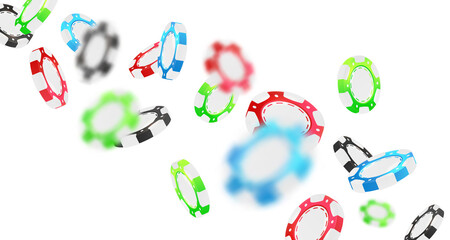 Banner with falling red, green, blue, black poker chips, tokens isolated on white background. Vector illustration for casino, game design, advertising.