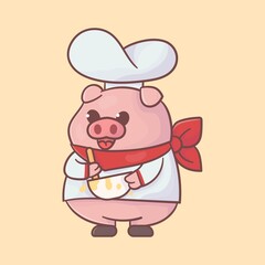 cute pig chef mascot logo. premium kawaii vector
