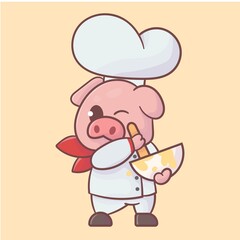 cute pig chef mascot logo. premium kawaii vector
