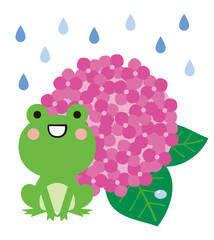 梅雨の季節の紫陽花とカエルのイラスト