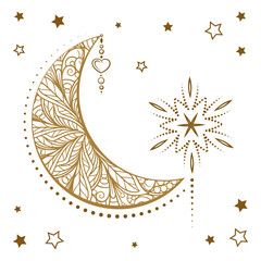 Golden cresent moon illustration. Ethnic style vector graphic.