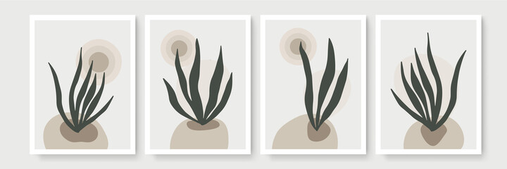 Set of abstract floral backgrounds for wall decor. Vector trendy minimal templates in boho style with copy space for text. Botanical wall art vector set. Earth tone boho foliage line art drawing