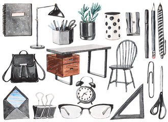 Watercolor set of the office furniture and stationery in black colours isolated on the white background. The desk, chair, lamp, backpack, notebook, glasses and more.